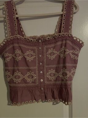 American Eagle Outfitters Mauve Eyelet Embroidered Button-Front Crop Top